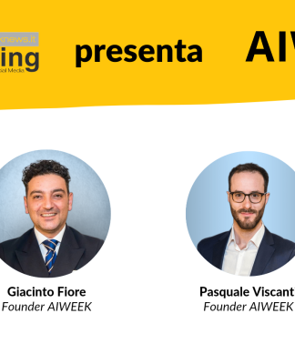 Nell'immagine la card promozionale dell'AI WEEK con le foto dei due fondatori Giacinto Fiore e Pasquale Viscanti - Smart Marketing