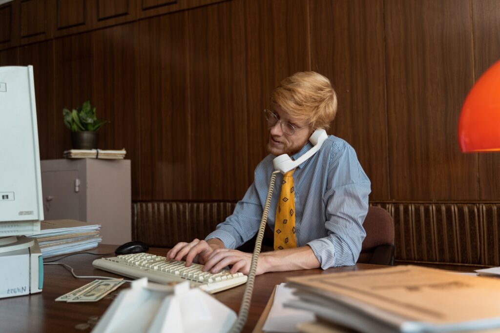 Nell'immagine un ragazzo in cravatta telefona e lavora al computer - Smart Marketing