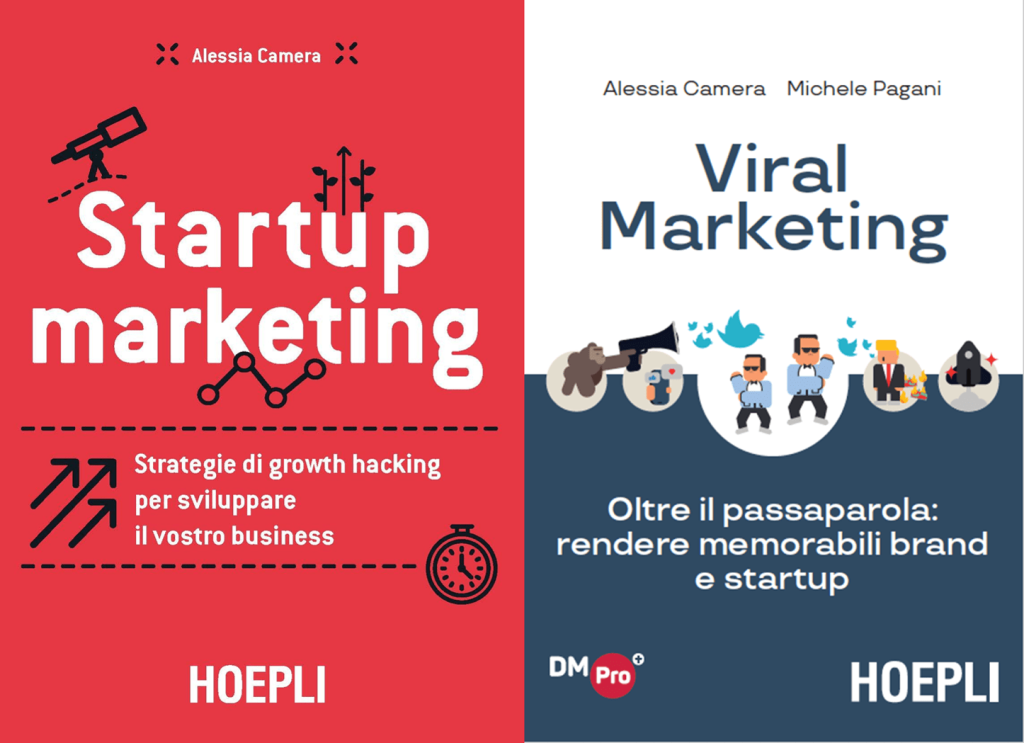 I libri pubblicati da Alessia Camera editi da Hoepli: Startup marketing e Viral Marketing, quest'ultimo assieme a Michele Pagani