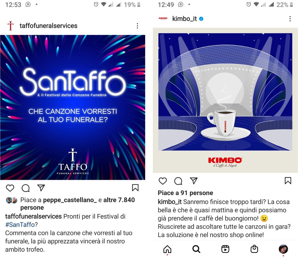 Nell'immagine le campagne social per Sanremo 2022 di Taffo e Kimbo - Smart Marketing