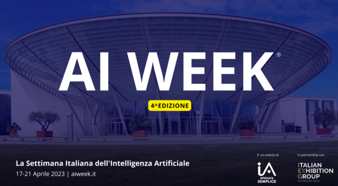 Nell'immagine il logo dell'AI WEEK e sullo sfondo il Palacongressi di Rimini, sede della 4a edizione dell'evento - Smart Marketing