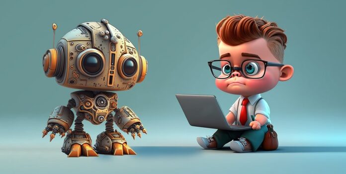 Nell'immagine un robottino ed un uomo al computer in versione pupazzo - Smart Marketing