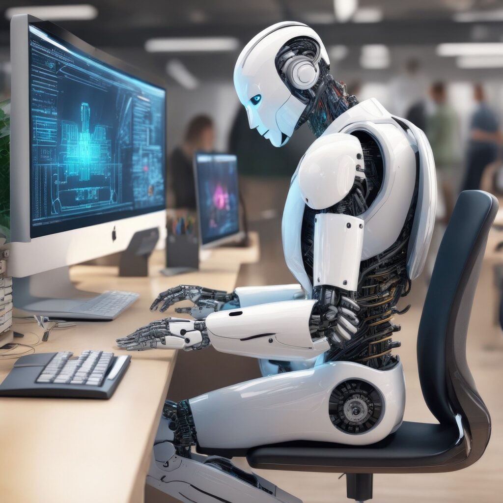 Nell'immagine un robot umanoide è seduto davanti ad un pc - Smart Marketing