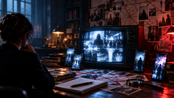 Televisore e smartphone in una scena investigativa notturna, simbolo del rapporto tra cronaca nera, serialità criminale e narrazione mediatica.