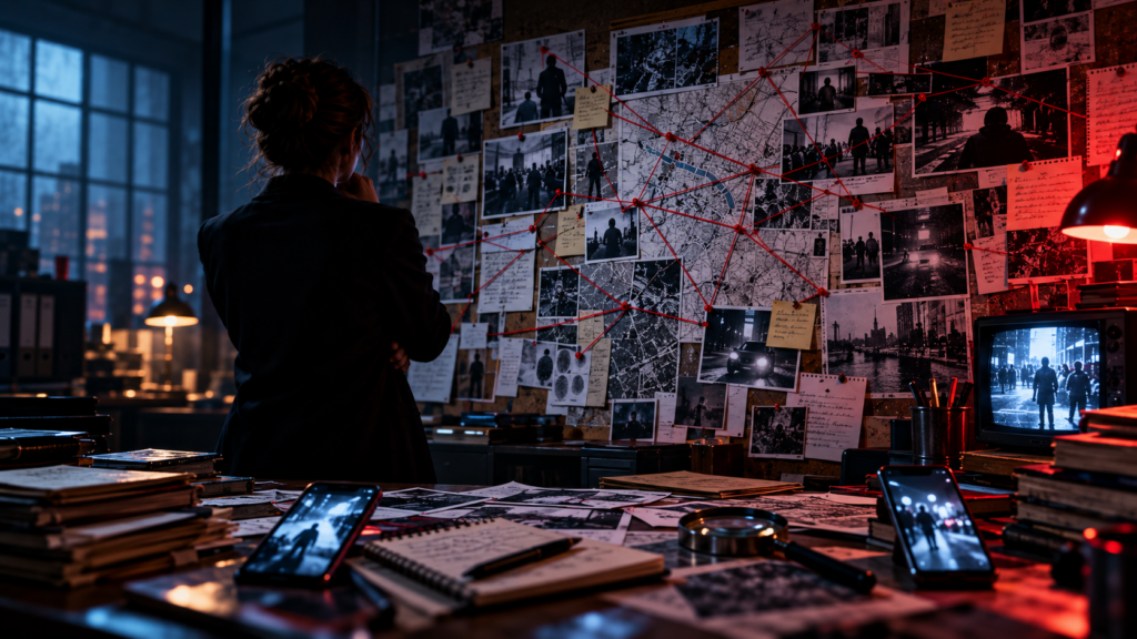 Donna di spalle osserva una bacheca investigativa piena di foto, mappe, appunti e fili rossi in una stanza dal clima noir.