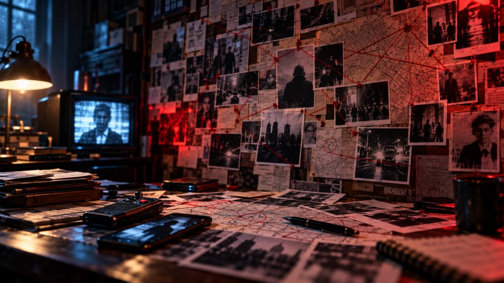 Bacheca investigativa con mappe, fotografie e fili rossi, affiancata da smartphone e televisore in un ambiente notturno e drammatico.